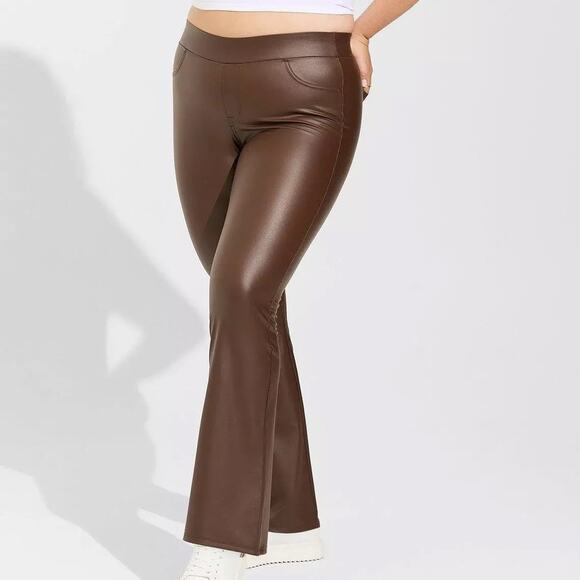 Torrid Brown Faux Vegan Leather Full Length Slim Leg Bootcut Legging Pants - Picture 1 of 9
